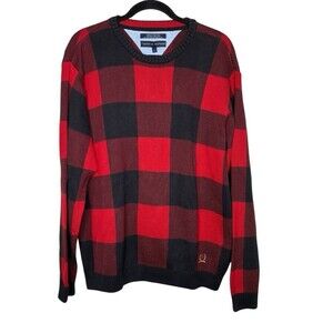 Vintage Tommy Hilfiger Sweater Plaid Patchwork Mens Size Large Crew Neck Red